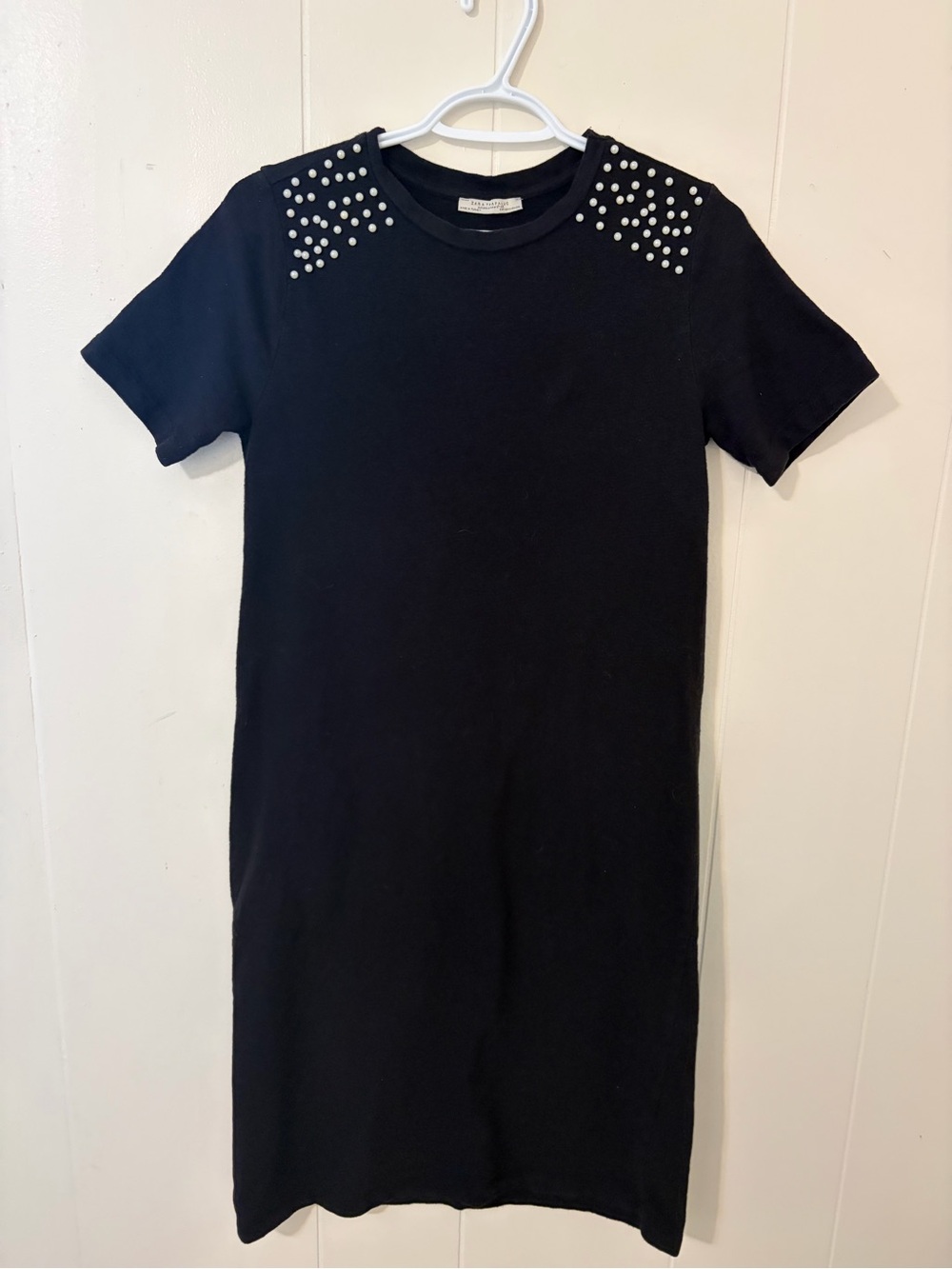 Black Zara Short-Sleeve Shift Dress with Pearl Stud Shoulder Detail- M